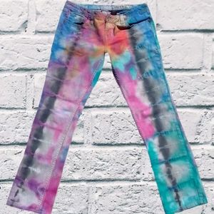 Upcycled multicolor tie dye jeans
